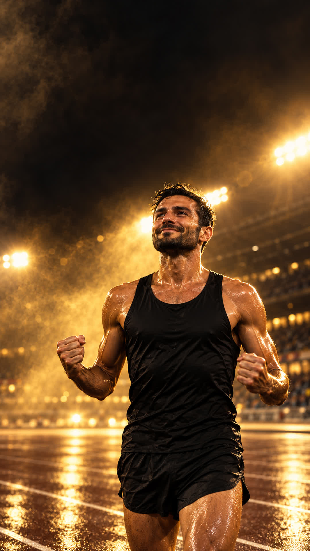 Un atleta amatore sotto le luci della finale, i pugni chiusi dopo il traguardo
