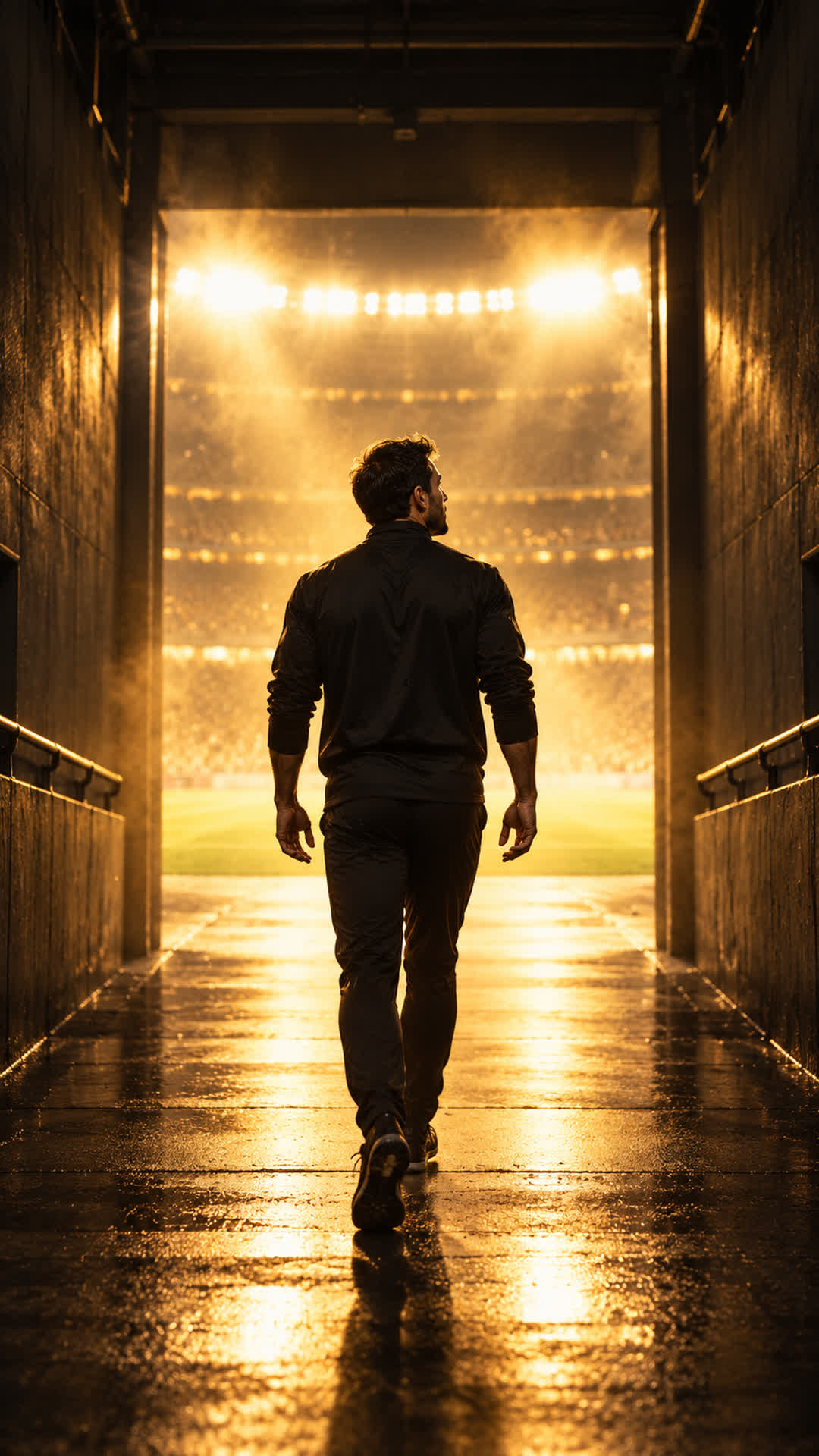 Il tunnel dello stadio verso il campo illuminato della finale